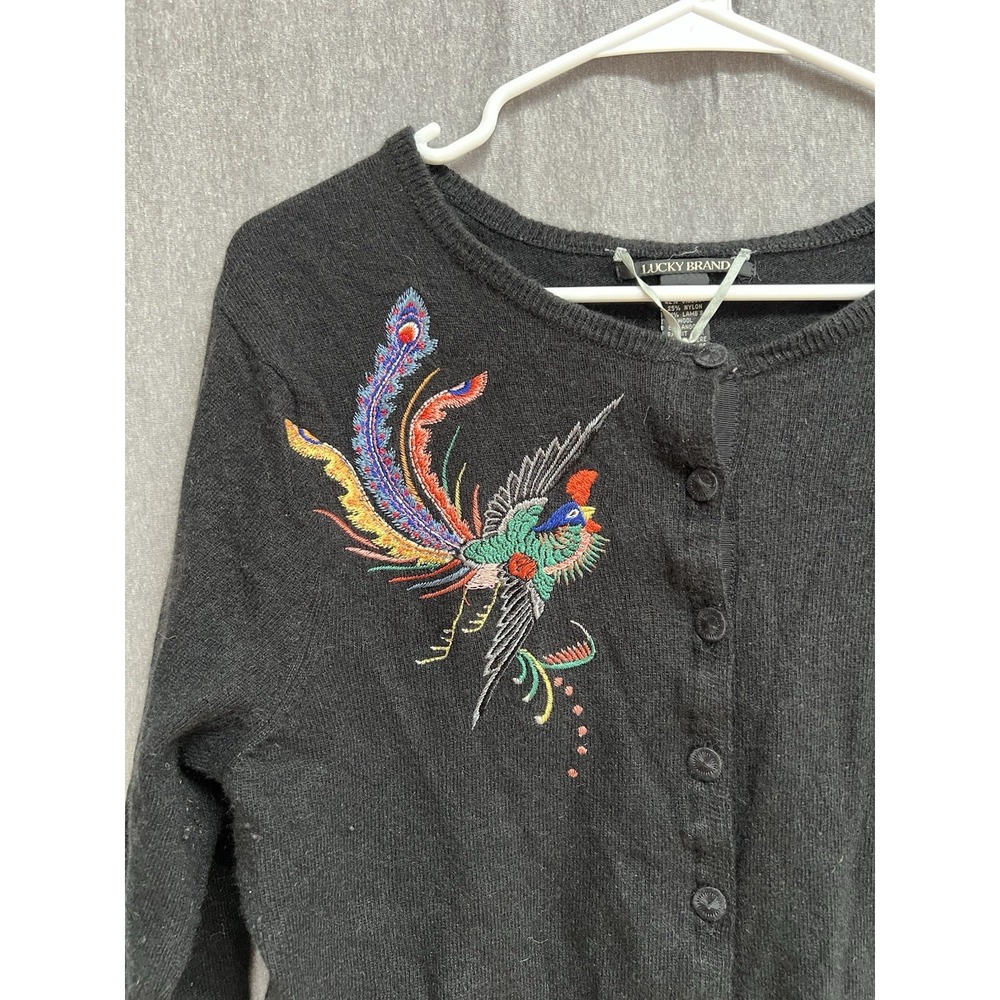 Lucky Brand Vintage Women's Black Floral Bird Embroidered Cardigan Size XL - Picture 2 of 8
